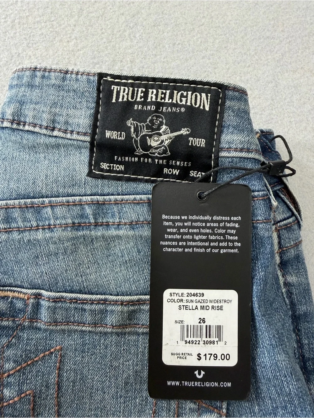 189/1769 True Religion Stella Mid Rise Jeans W26 Sun Gazed Destroy NWT
